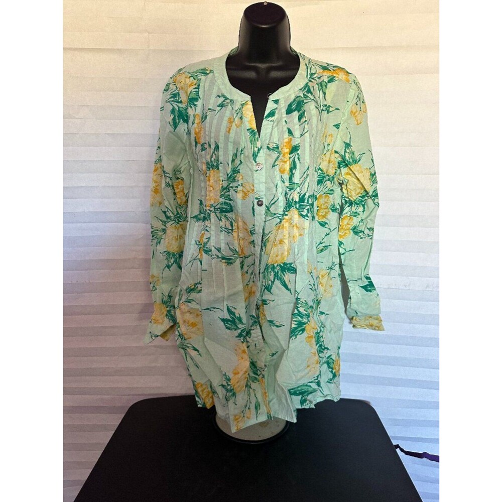 Roaman's Women's Plus Size 16W Green Floral Long Sleeve Blouse